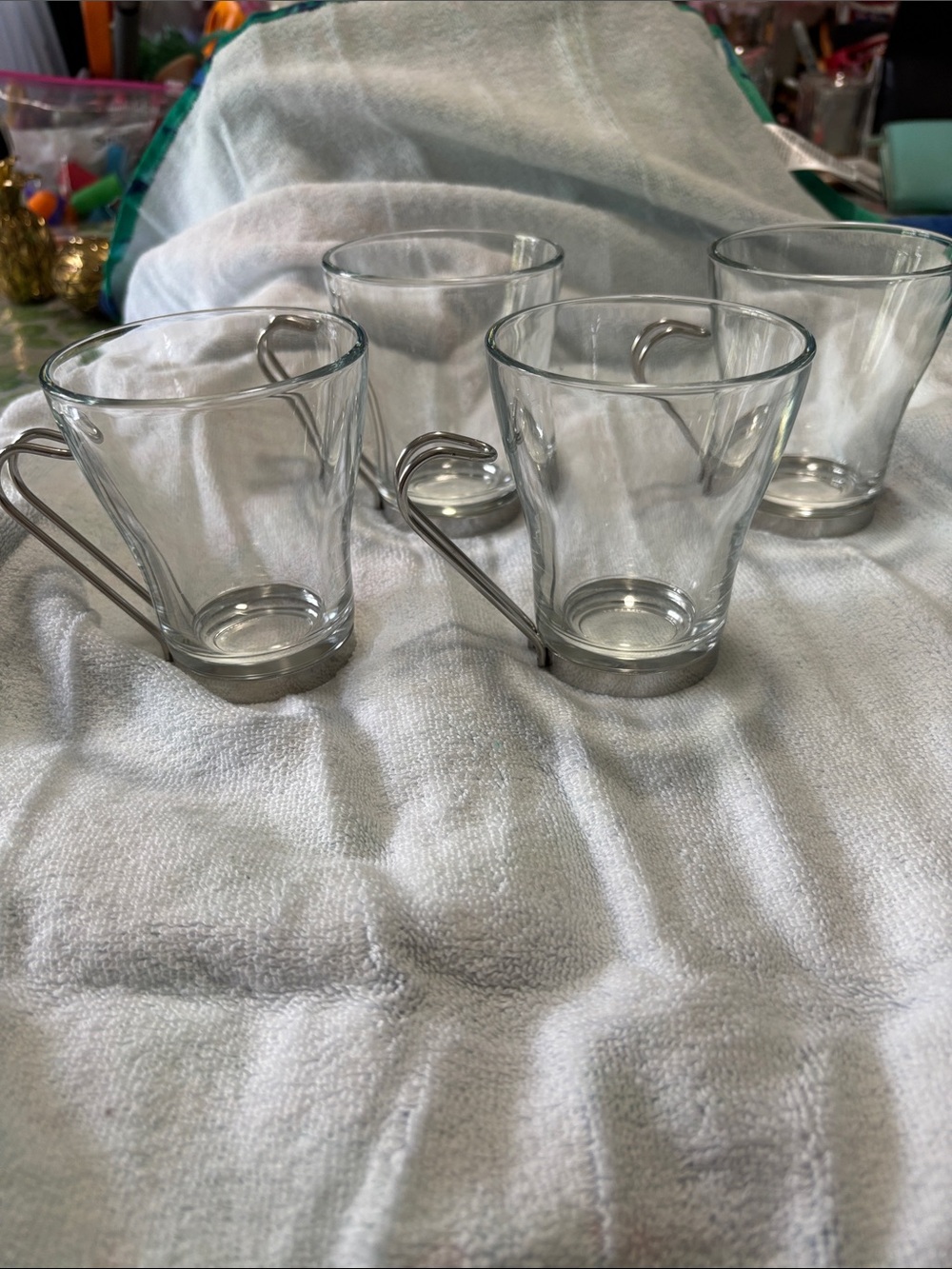 Clear Glass Coffee Cups with Silver Metal Handles - Set of 4